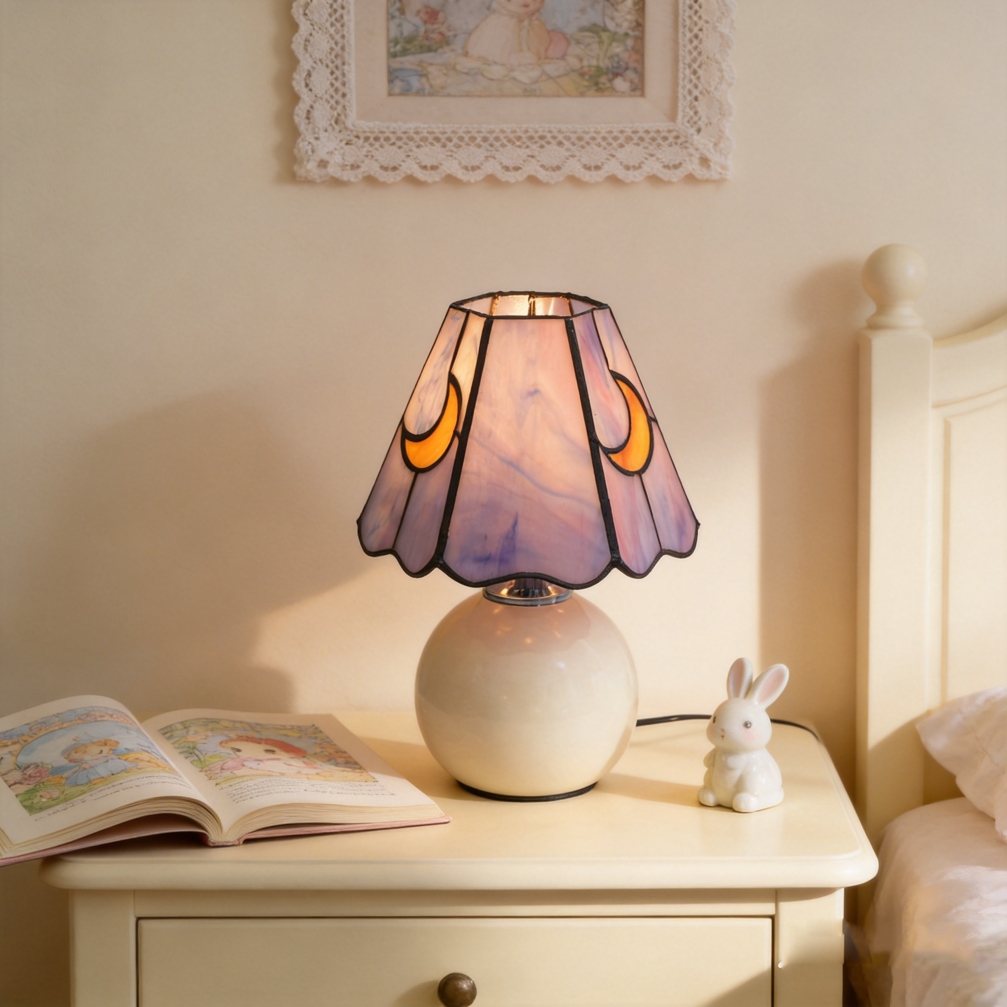 Mushroom Table Lamp - Modern Stained Glass Purple Moon Mushroom